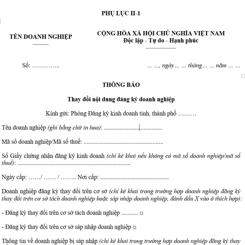 Mẫu thông báo thay đổi ngành nghề kinh doanh