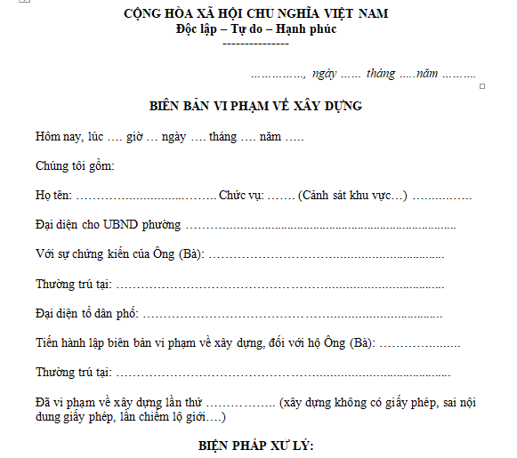Mẫu biên bản vi phạm về xây dựng