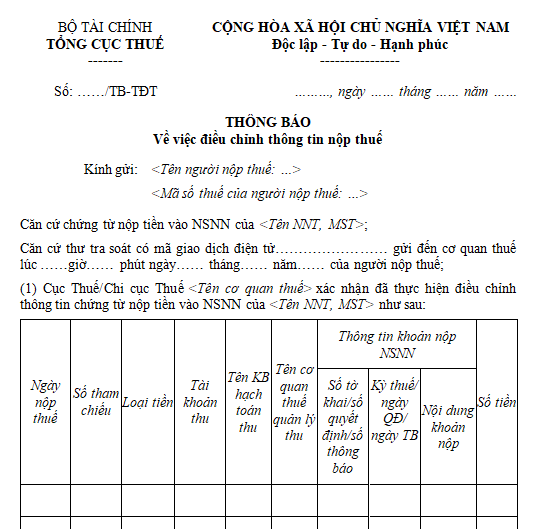 Thông báo điều chỉnh thông tin nộp thuế