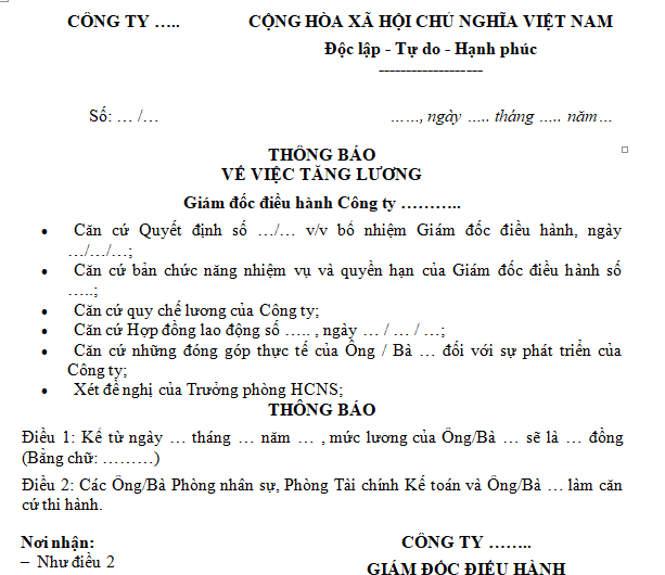 Mẫu thông báo về việc tăng lương