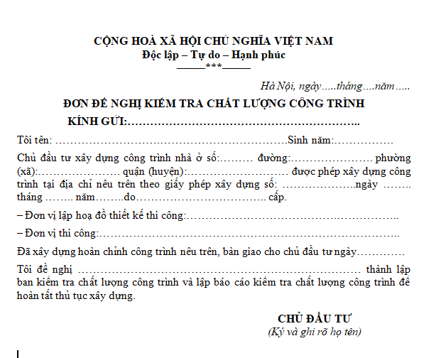 Mẫu đơn đề nghị kiểm tra chất lượng công trình