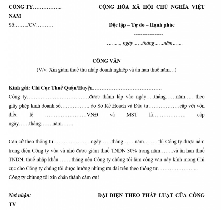 Công văn xin giảm số thuế TNDN và ân hạn thuế