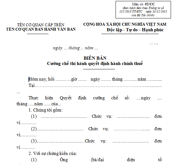 Biên bản cưỡng chế thi hành quyết định hành chính thuế