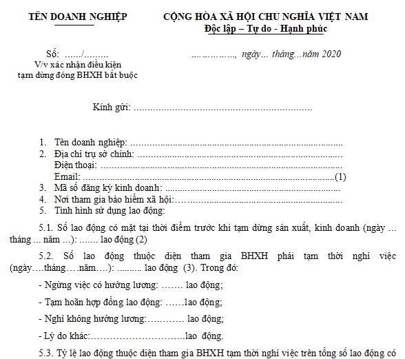 Công văn đề nghị xác nhận điều kiện tạm dừng đóng BHXH bắt buộc