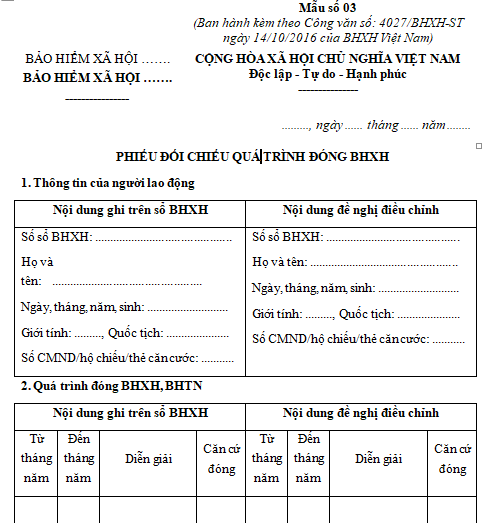 Mẫu phiếu đối chiếu quá trình đóng bảo hiểm xã hội