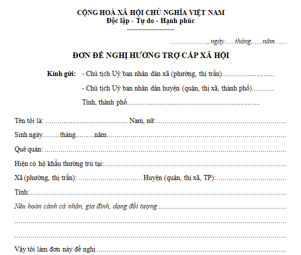 Mẫu đơn xin trợ cấp xã hội