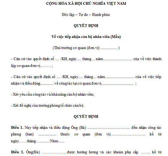 Mẫu quyết định tiếp nhận nhân viên chính thức 2021