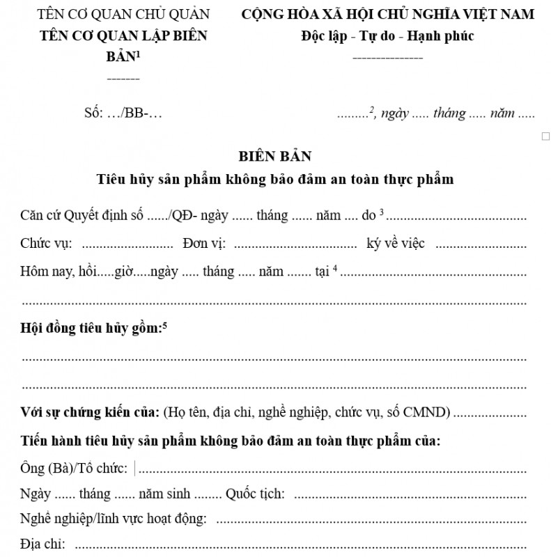 Mẫu biên bản tiêu hủy sản phẩm không bảo đảm an toàn thực phẩm 2021