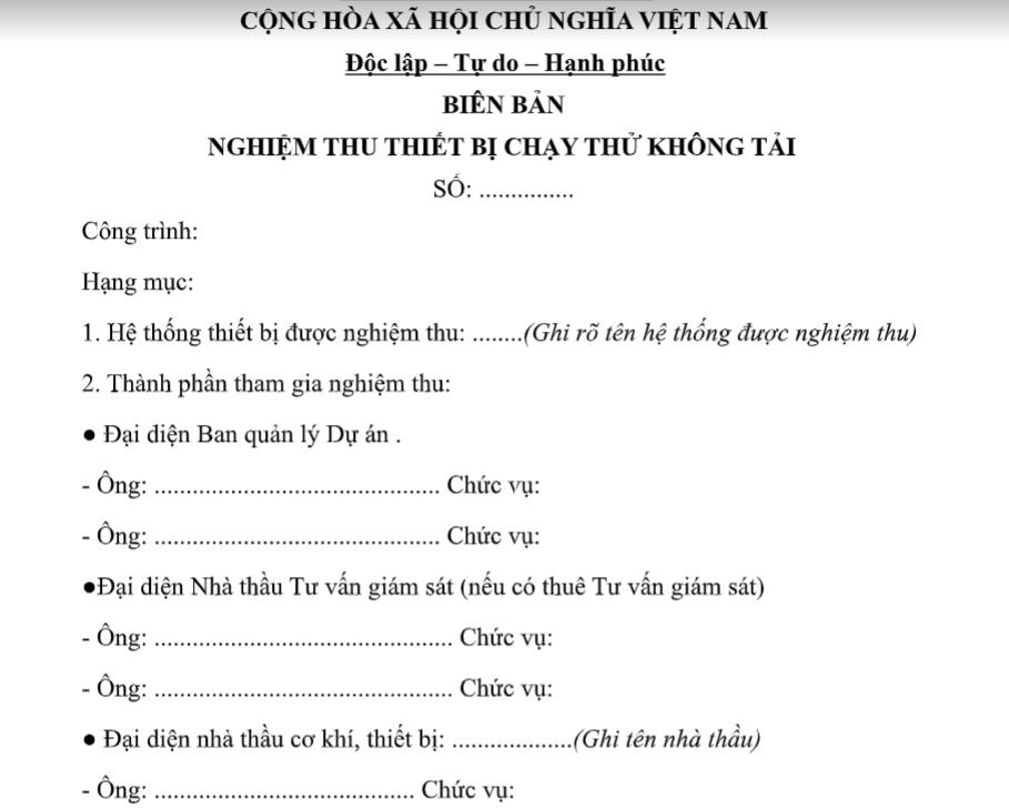 Mẫu biên bản nghiệm thu thiết bị chạy thử không tải