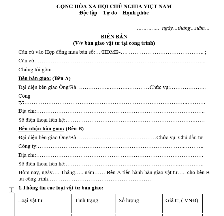 Mẫu biên bản bàn giao vật tư tại công trình mới nhất