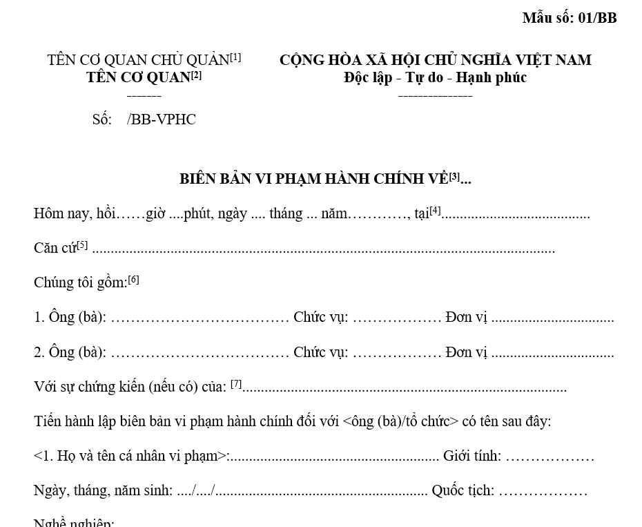 Mâu BB/01: Biên bản vi phạm hành chính về thuế, hóa đơn
