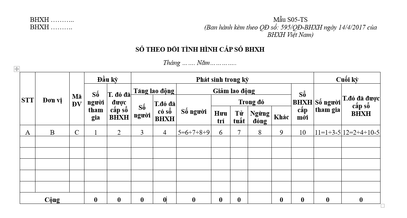 Mẫu S05-TS: Sổ theo dõi tình hình cấp sổ BHXH