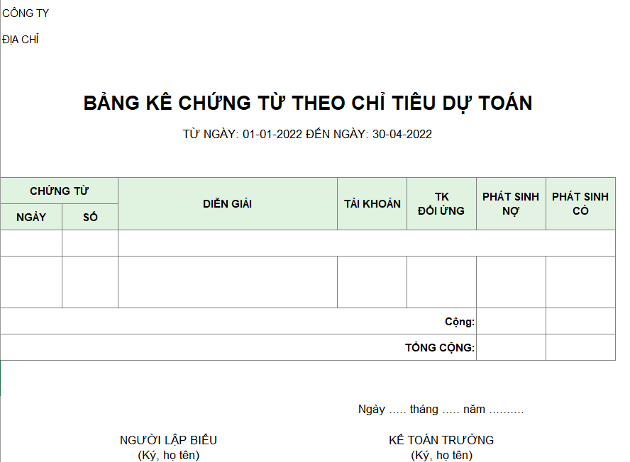 Bảng kê chứng từ theo chỉ tiêu dự toán