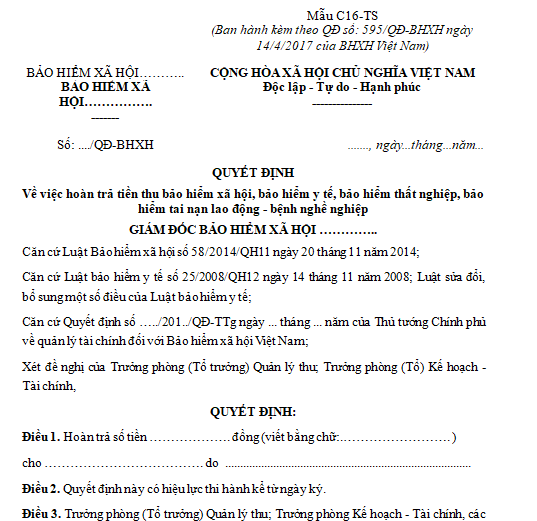Mẫu C16-TS: Quyết định về việc hoàn trả tiền thu BHXH, BHYT, BHTN, BHTNLĐ, BNN