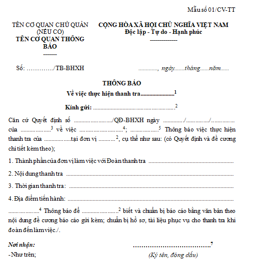 Mẫu số 01/CV-TT: Thông báo về việc thực hiện thanh tra BHXH