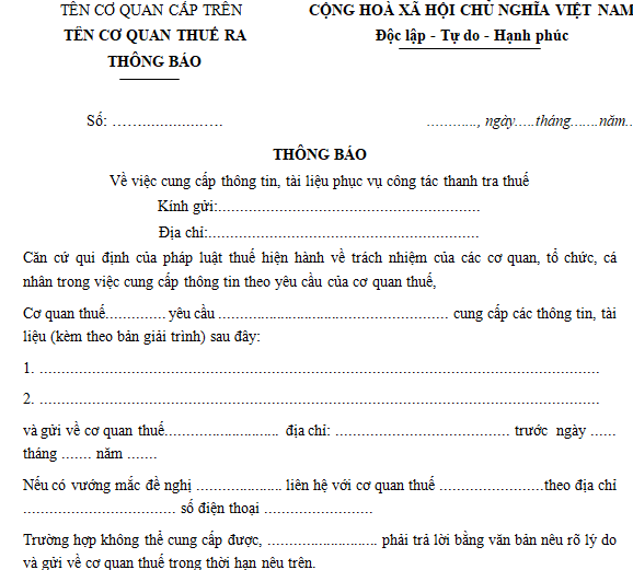 Mẫu văn bản yêu cầu cung cấp thông tin cho thanh tra thuế