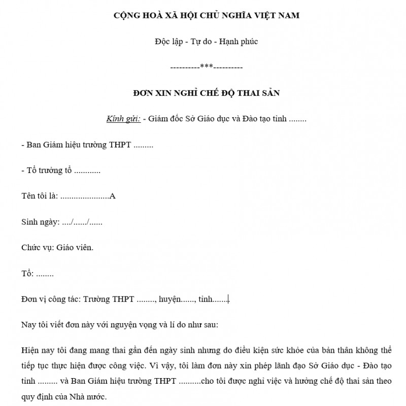 Mẫu đơn xin nghỉ thai sản của Giáo viên
