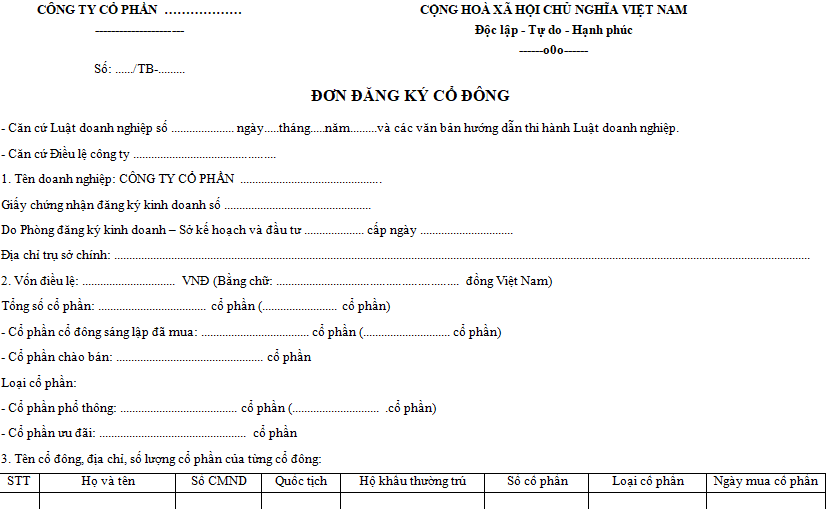 Mẫu đơn đăng ký cổ đông