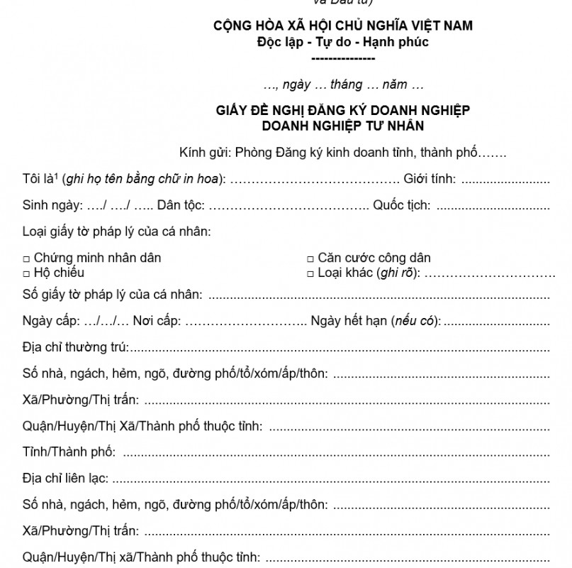 Mẫu đơn đăng ký kinh doanh doanh nghiệp tư nhân