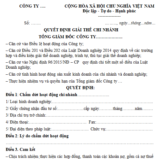 Mẫu quyết định giải thể chi nhánh