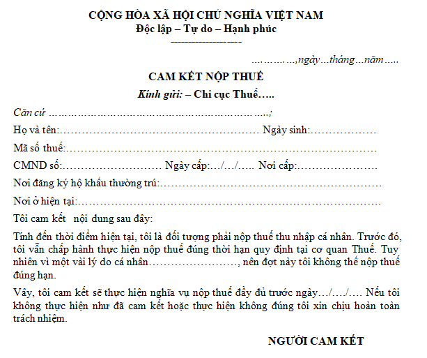 Mẫu cam kết nộp thuế