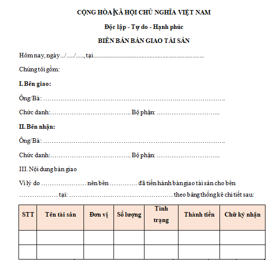 Mẫu biên bản bàn giao tài sản, công cụ