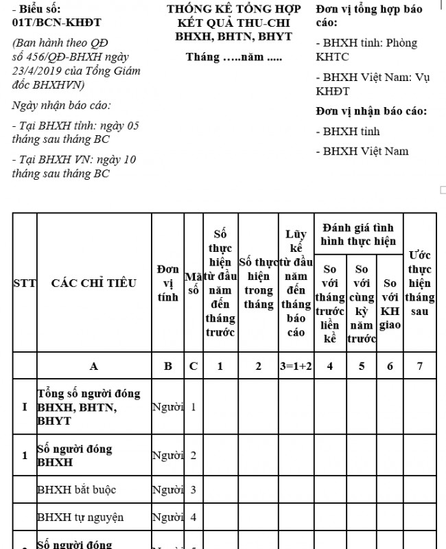 Mẫu số 01T/BCN-KHĐT: Thống kê tổng hợp kết quả thu chi bảo hiểm