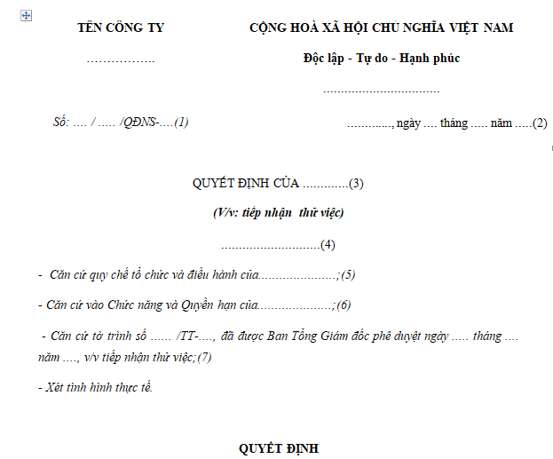 Quyết định tiếp nhận nhân viên thử việc