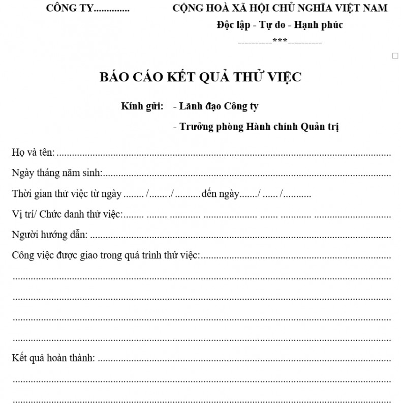 Mẫu báo cáo kết quả thử việc