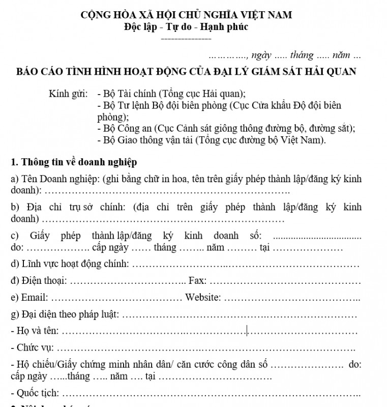 Mẫu báo cáo tình hình hoạt động của Đại lý giám sát hải quan