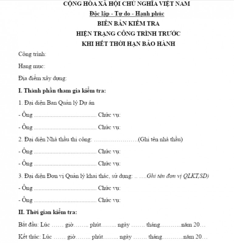 Mẫu biên bản kiểm tra hiện trạng công trình trước khi hết thời hạn bảo hành