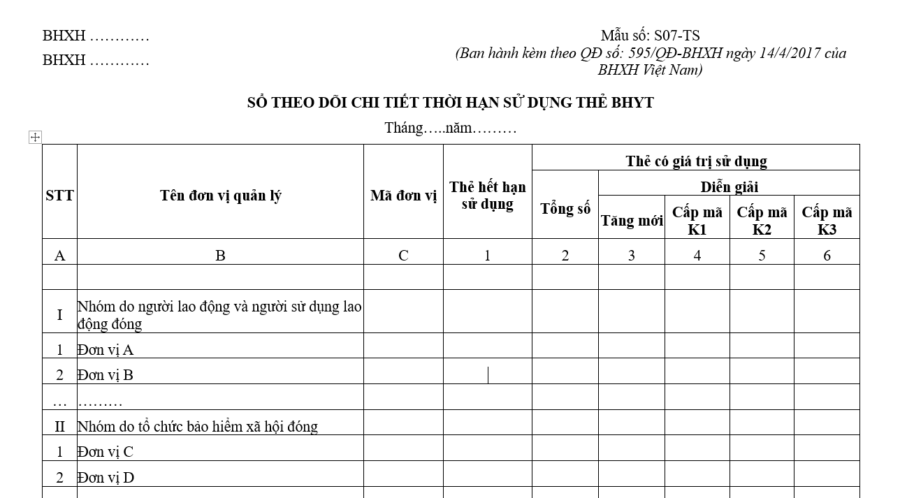 Mẫu số S07-TS: Sổ theo dõi chi tiết thời hạn sử dụng thẻ BHYT