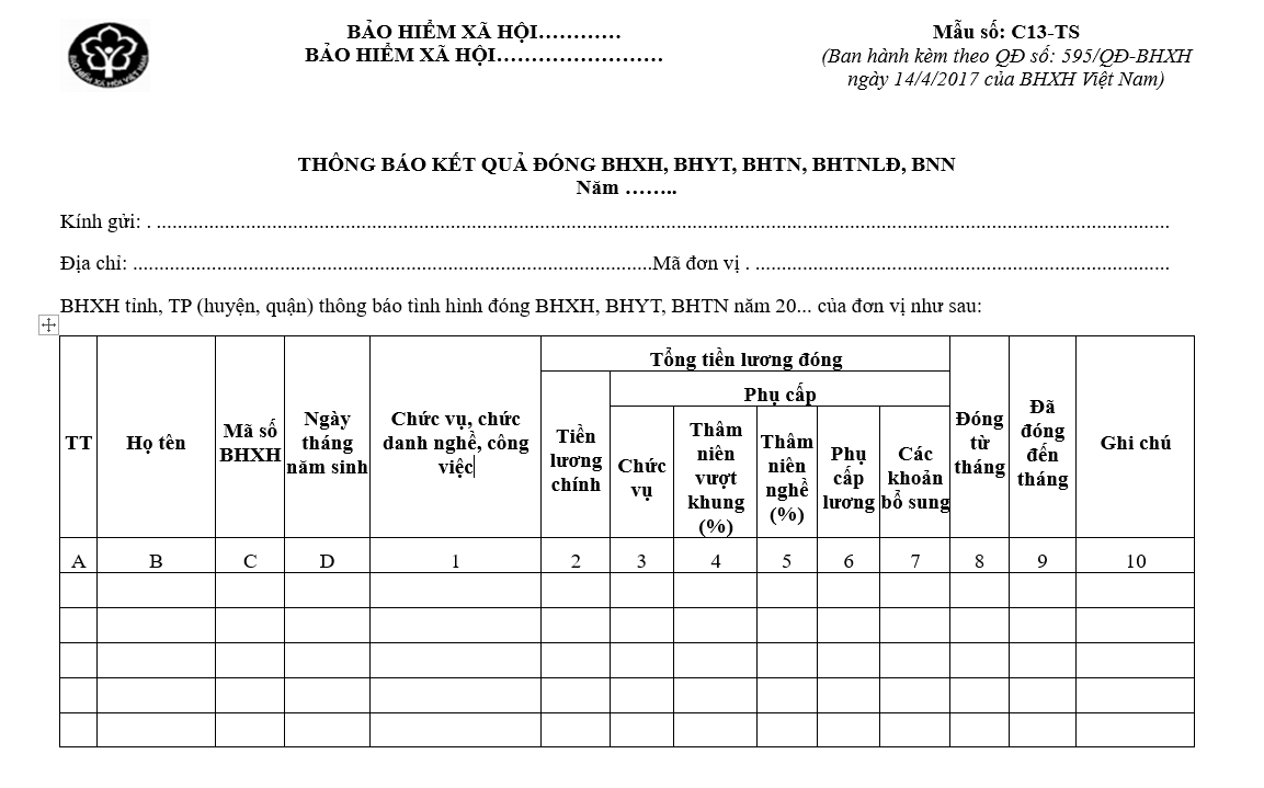 Mẫu số C13-TS: Thông báo kết quả đóng BHXH, BHYT, BHTN, BHTNLĐ, BNN