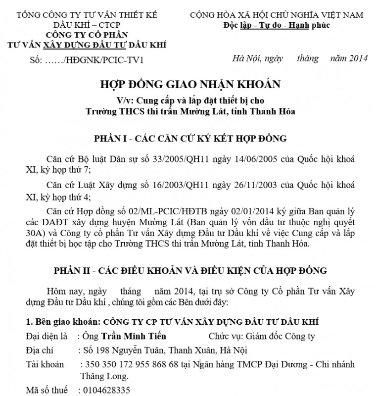 Mẫu hợp đồng giao nhận khoán