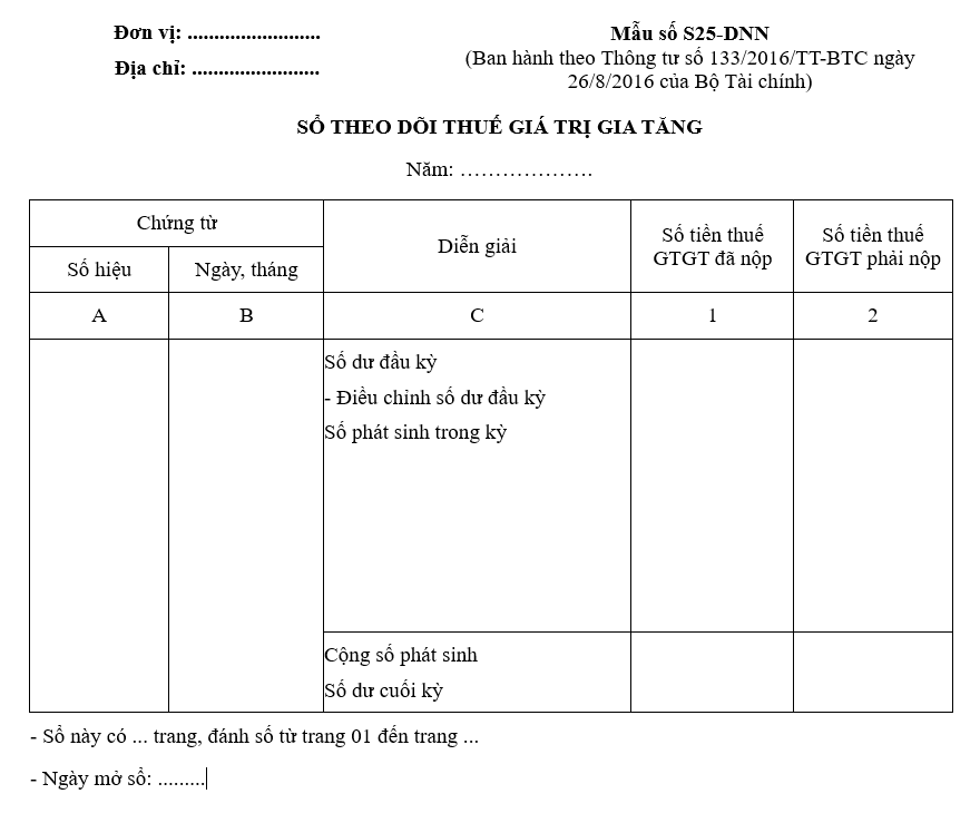 Mẫu số S25-DNN: Sổ theo dõi thuế giá trị gia tăng