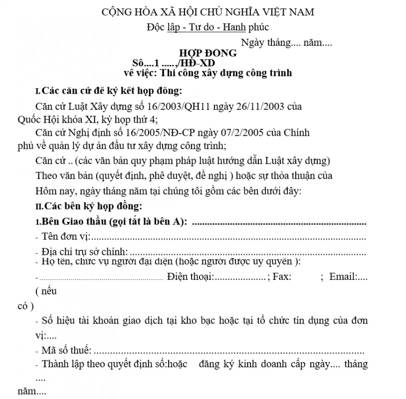 Mẫu hợp đồng về việc thi công xây dựng công trình
