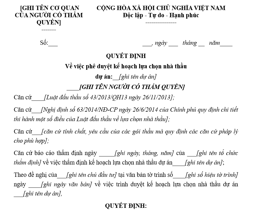 Mẫu quyết định về việc phê duyệt kế hoạch lựa chọn nhà thầu