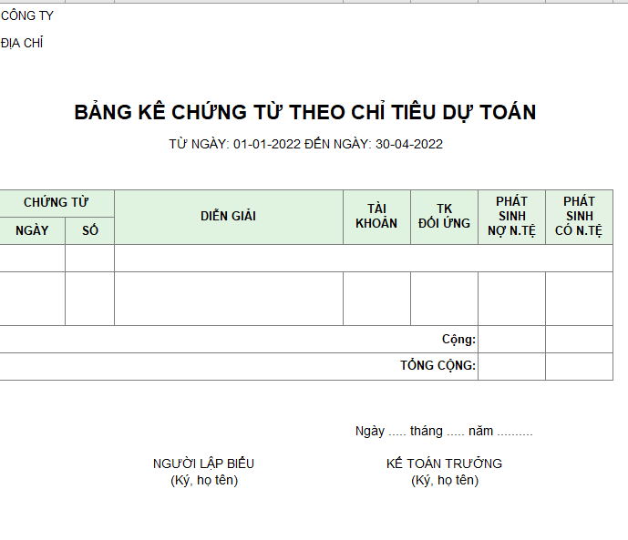 Bảng kê chứng từ theo chỉ tiêu dự toán ( NGOẠI TỆ )