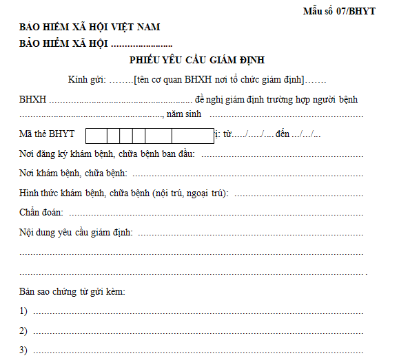 Mẫu số 07/BHYT: Phiếu yêu cầu giám định