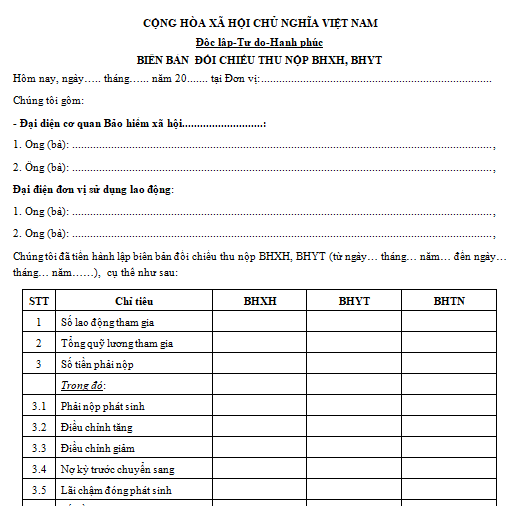 Mẫu biên bản đối chiếu nộp thu BHXH, BHYT