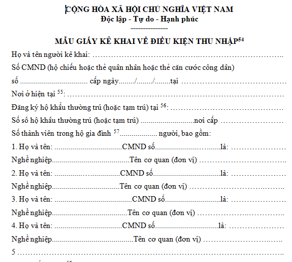 Mẫu giấy kê khai về điều kiện thu nhập
