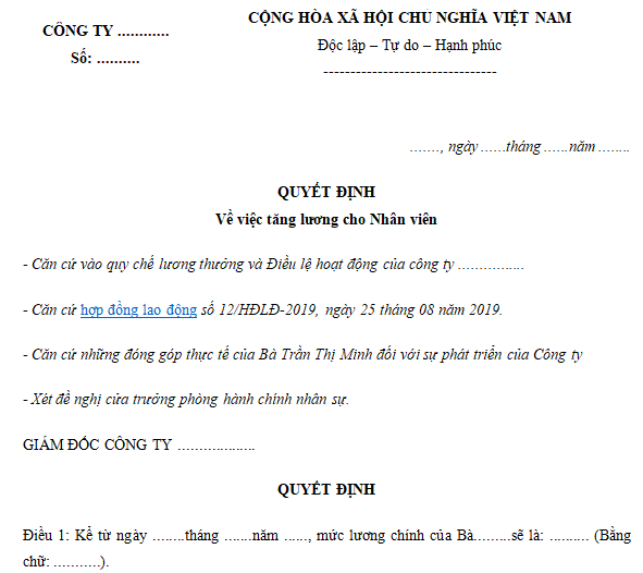 Mẫu quyết định tăng lương