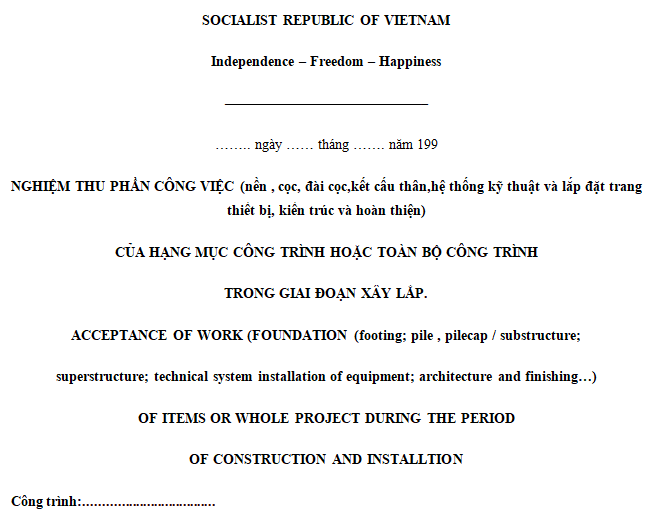 Mẫu biên bản nghiệm thu tiếng Anh 2021
