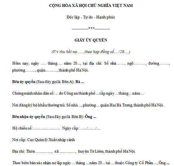 Mẫu Giấy ủy quyền đòi nợ/thu hồi nợ