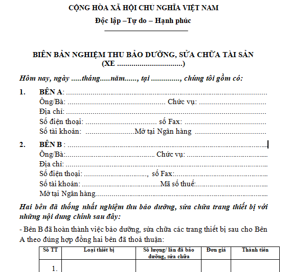 Biên bản nghiệm thu sửa chữa tài sản