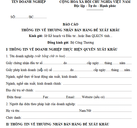 Mẫu báo cáo thương nhân bán hàng để xuất khẩu