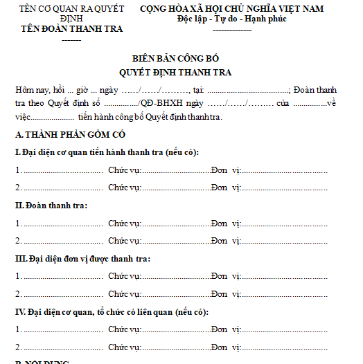 Biên bản công bố quyết định thanh tra BHXH
