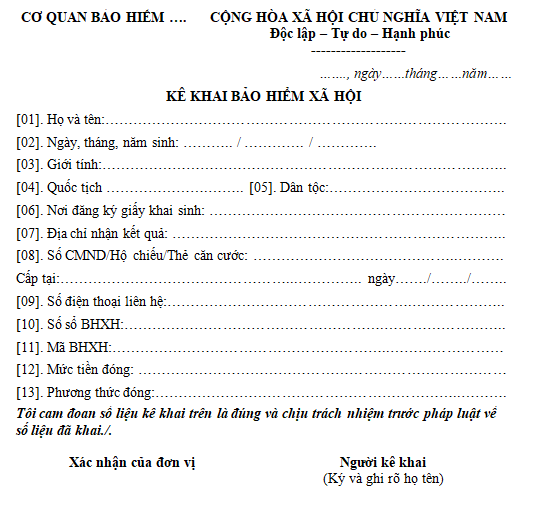 Mẫu kê khai bảo hiểm xã hội
