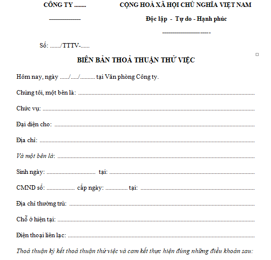 Mẫu biên bản thỏa thuận thử việc 2021