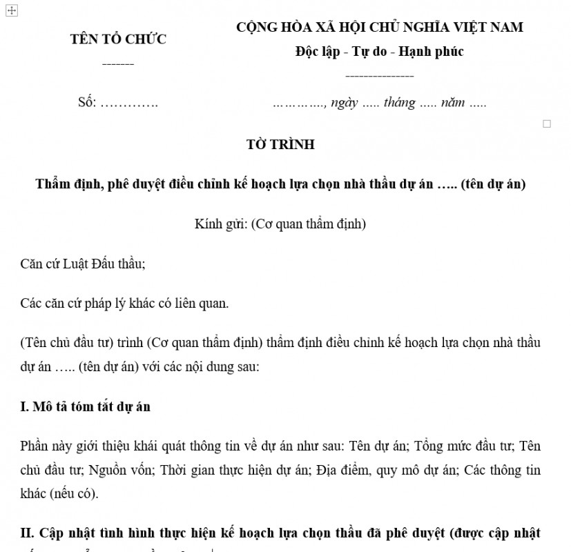 Mẫu tờ trình phê duyệt kế hoạch lựa chọn nhà thầu